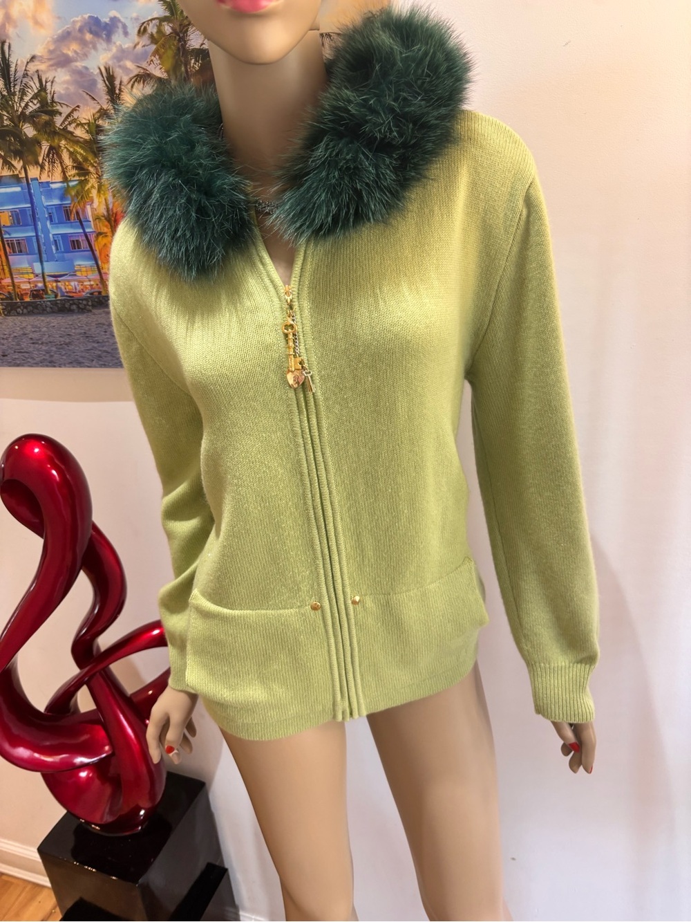 St. John Lime Green Zip Knit Jacket with  Fox Fur Collar embellished M 100% cash
